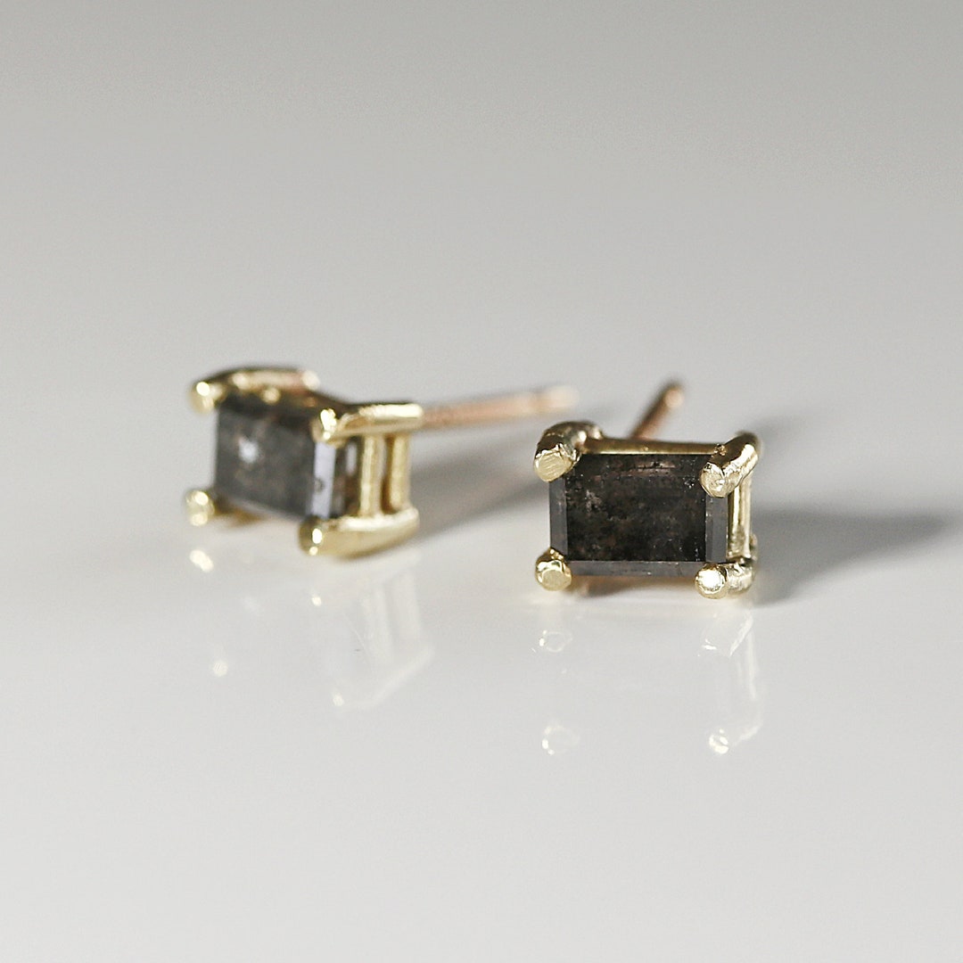 Salt and Pepper Diamond Stud Earrings 14k Gold, Emerald Cut Diamond