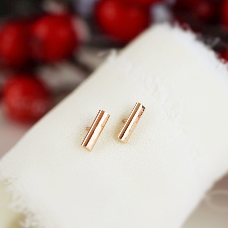 14k Gold Bar Stud Earrings, Hammered Gold Bar Earrings, Minimalist Earrings, Geometric Studs, Everyday Earrings, Handmade Fine Jewelry Gift image 2