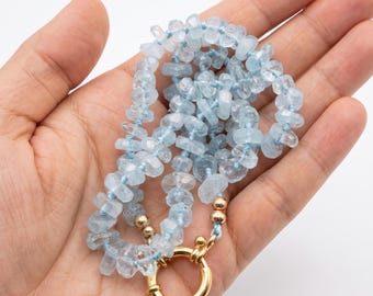 Aquamarine Hand Knotted Silk Necklace, Faceted Rondelle Beads, Charm Holder Necklace with Gold Filled Clasp, 18 Inch