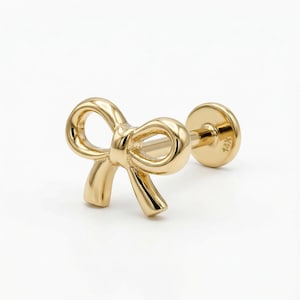 14k gold ribbon bow earrings flat back internally threaded stud cartilage tragus piercing jewelry