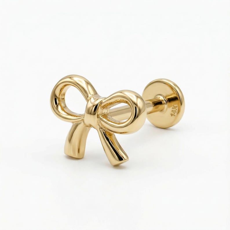 14k gold ribbon bow earrings flat back internally threaded stud cartilage tragus piercing jewelry