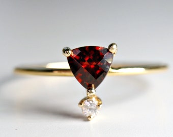Diamond Garnet Ring 14k Gold, Unique Handmade Minimalist Engagement Ring, Triangle Garnet Ring, Geometric Red Engagement Ring, Promise Ring