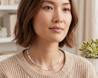 Dainty Sterling Silver Choker Necklace, Sequin Chain Necklace, Minimalist Silver Choker, Simple Layering Necklace, Gift for Her