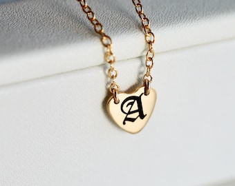Gold Personalized Gothic Heart Necklace, Old English Letter Necklace, Kids Initial Necklace, Heart Jewelry Gift For Mom