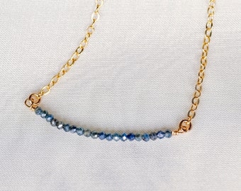 Mystic Sapphire Necklace Gold Filled, Bridesmaids Gift, Natural Blue Sapphire Bar Necklace, September Birthstone Layering Necklace