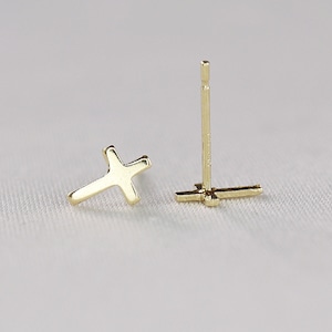 Gold Cross Earrings 14k Solid Gold, Delicate Cross Stud Earrings, Religious Christian Jewelry Gift, Minimalist Everyday Studs Earrings image 3