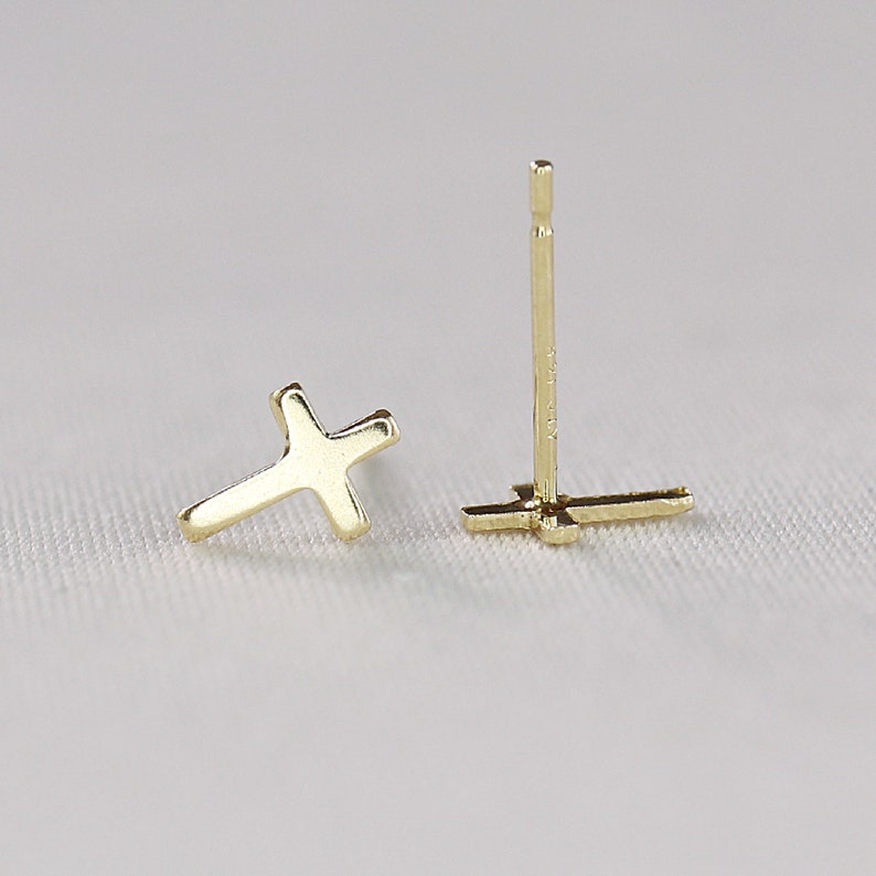 Gold Cross Earrings 14k Solid Gold, Delicate Cross Stud Earrings, Religious Christian Jewelry Gift, Minimalist Everyday Studs Earrings image 3