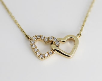 14k Gold Diamond Double Heart Necklace, Interlocking Hearts Necklace, Love Necklace, Open Heart Necklace, Jewelry Gift for Wife