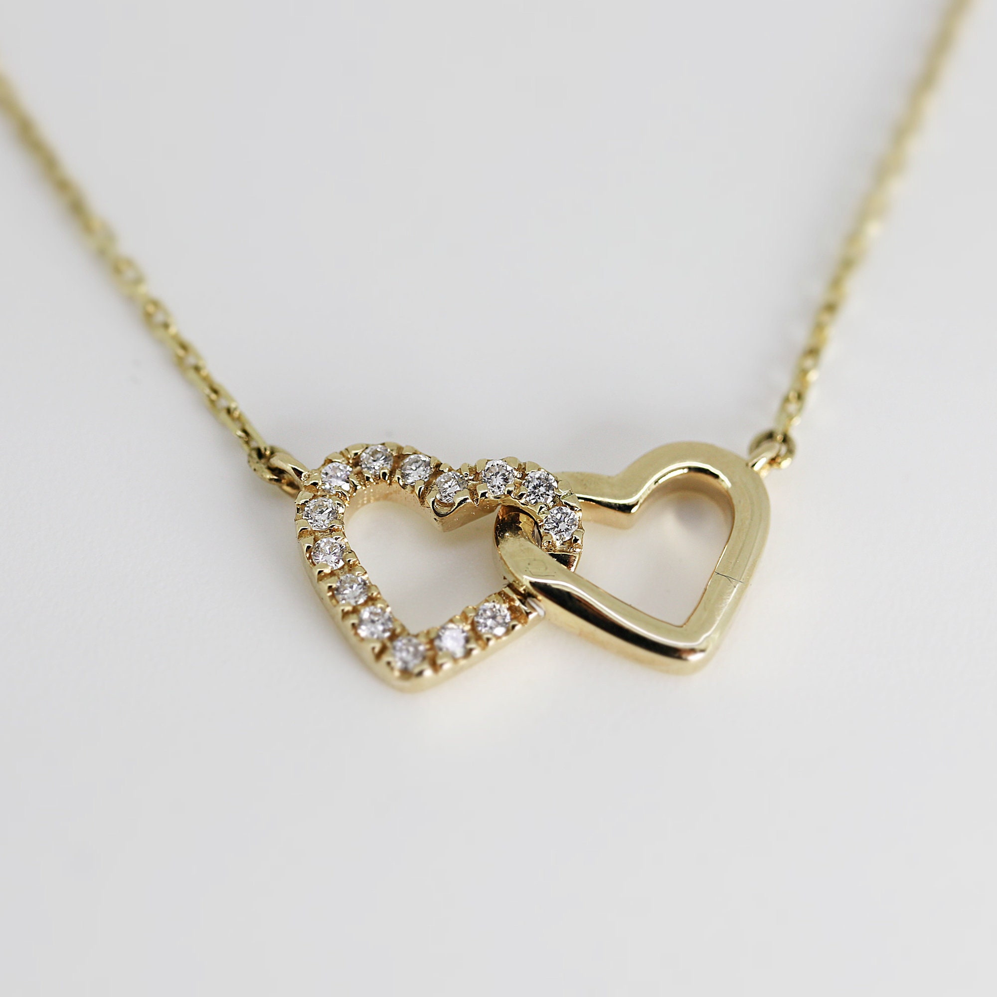 14k Gold Diamond Double Heart Necklace, Interlocking Hearts