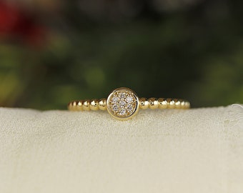 Pave Diamond Stacking Ring, 14k Solid Gold Ring, Beaded Gold Solitaire Ring, Cluster Ring, Promise Ring, Minimalist Jewelry, Ring For Her
