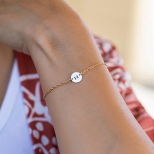 Personalized Initial Bracelet, Custom Initial Disk Bracelet, Coin Bracelet, Dainty Charm Bracelet,  Bridesmaids Gift, Birthday Gift