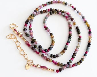 Multi Color Tourmaline Beaded Necklace, Hand Knotted Silk Strand, Gold Filled Clasp