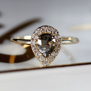 Rose Cut Pear Salt and Pepper Diamond Ring 14k Gold, Black Diamond Ring, Unique Engagement Ring, Gift for Wife image 4