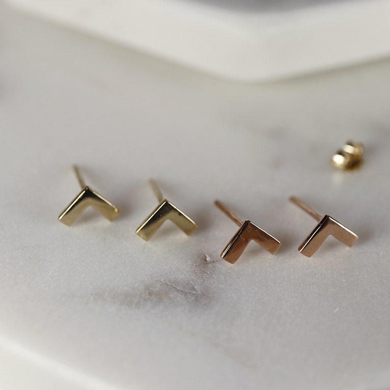 14k Solid Gold Earrings Stud Chevron, Handmade Minimalist Earrings, Jewelry Gift for Her, Geometric Modern Triangle Stud Earrings image 7