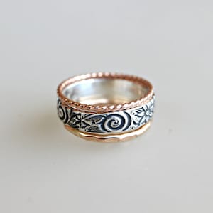 Stacking Rings Set of 3, Sterling Silver Floral Band, Twisted Rose Gold Ring, Hammered Gold Band, Gold Filled Stackable Rings, Gift for her