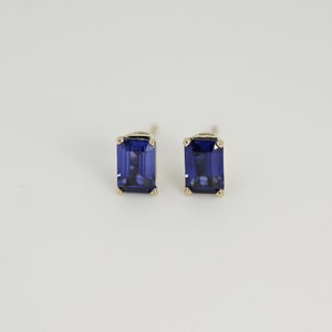 Blue Sapphire Earrings 6 x4 mm, 14k Gold Emerald Cut Sapphire Earrings, September Birthstone Earrings, Sapphire Studs, 5th Anniversary Gift