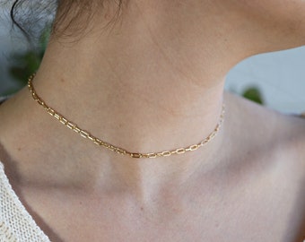 Gold Filled Paperclip Chain Necklace, Paperclip Necklace, Layering Gold Chain Necklace, Rectangle Link Chain Choker, Gold Filled Choker