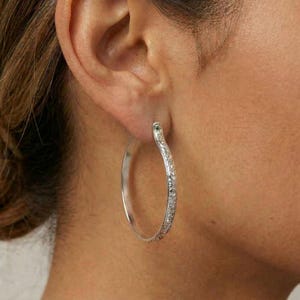 Sterling Silver Large Oval Hoop Earrings, 2 Inch Patterned Flower Hoops, Statement Silver Hoops, Gift for Sister, Mother's Day Gift