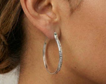 Sterling Silver Large Oval Hoop Earrings, 2 Inch Patterned Flower Hoops, Statement Silver Hoops, Gift for Sister, Mother's Day Gift