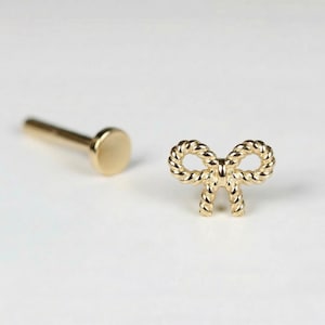 Dainty Bow Flat Back Earrings 14k Solid Gold, Internally Threaded Ribbon Studs, Tiny Tragus Piercing Jewelry,  Back to School Gift