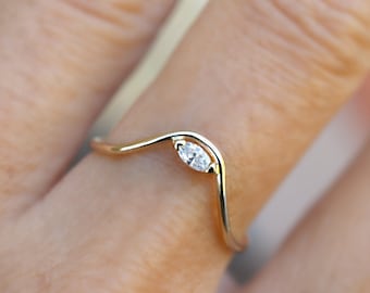 East West Marquise Engagement Ring 14k Solid Gold, Handmade Unique East West Diamond Ring, Diamond Engagement Ring, Curved Wedding Band