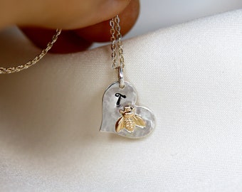 Personalized Honey Bee Necklace Sterling Silver, Graduation Gift, Bumble Bee Necklace, Heart Pendant Gold Bee Necklace, Mixed Metal Jewelry