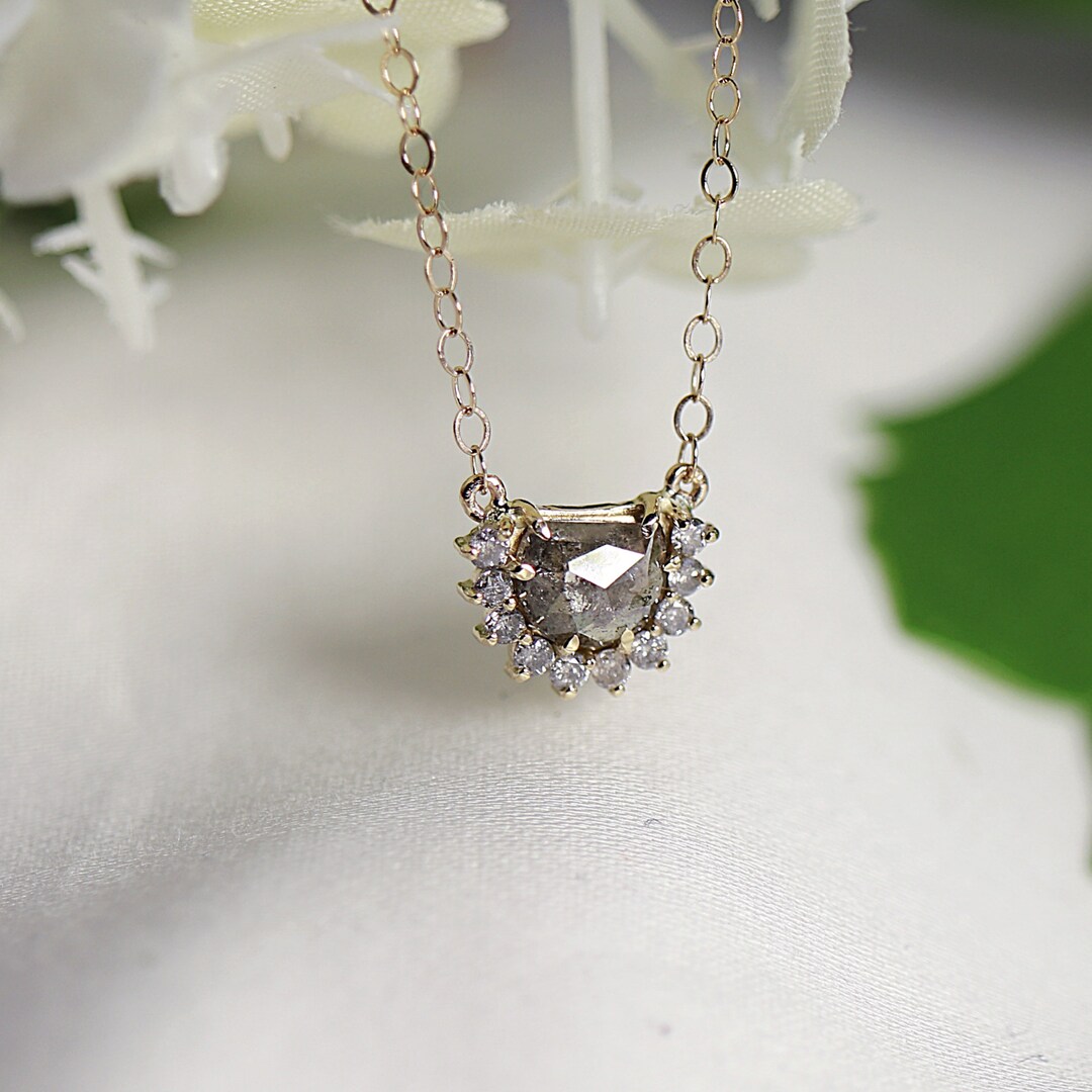Salt and Pepper Diamond Necklace in 14k Solid Yellow Gold, Half Moon Diamond Necklace, Gift for