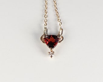 Diamond Trillion Garnet Necklace 14k Gold, Red Garnet Pendant Necklace, Gold Multi-stone Necklace, Anniversary Gift, Jewelry Gift for Wife