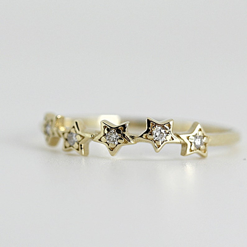 Diamond Star Ring 14k Gold, Star Wedding Band, Diamond Stacking Band, Natural Diamonds Stacking Ring, Diamond Celestial Ring image 2
