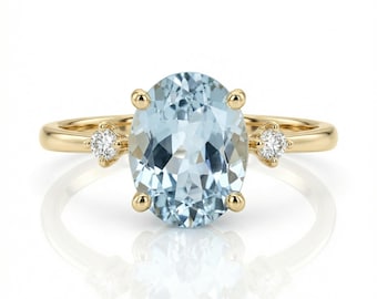 Oval Aquamarine Engagement Ring, 14k Gold Aquamarine Ring, Aquamarine and Diamond Ring, March Birthstone Ring, Handmade Jewelry Gift For Her
