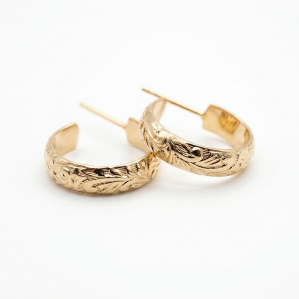 Small Gold Hoops, Floral Chunky Gold Filled Hoop Earrings, Everyday Huggie Earrings, Dainty Flower Hoops Gift For Her