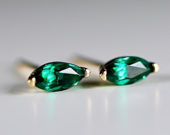 Genuine Marquise Emerald Earrings 14k Gold, Emerald Stud Earrings, May Birthstone Jewelry Gift, 20th Anniversary Gift