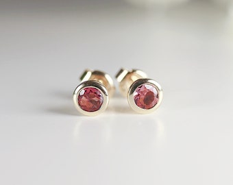 Pink Tourmaline Earrings 14k Solid Gold, Natural Round Pink Tourmaline Stud Earrings, Genuine Gemstone October Birthstone Earrings