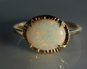 Australian Opal Ring 14k Solid Gold, Handmade East West Ring, Oval Opal Engagement Ring, October Birthstone Ring, Anniversary Ring