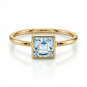 Princess Cut Aquamarine Ring 14k Gold, Bezel Set Aquamarine Ring, March Birthstone Ring, Art Deco Aquamarine Ring, Minimalist Jewelry