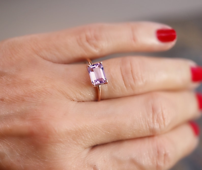 Emerald Cut Amethyst Ring Rose Gold, Amethyst Engagement Ring, February Birthstone, Art Deco Engagement Ring, Gemstone Ring Solid Gold image 6