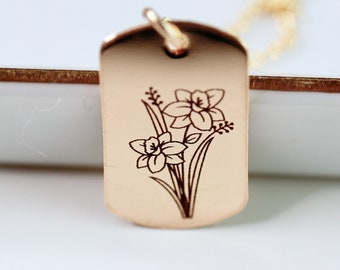 Birth Flower Square Tag Necklace, Mother Necklace, Personalized Dog Tag Necklace, Birthday Gift,  Floral Pendant Necklace, Mother's Day Gift