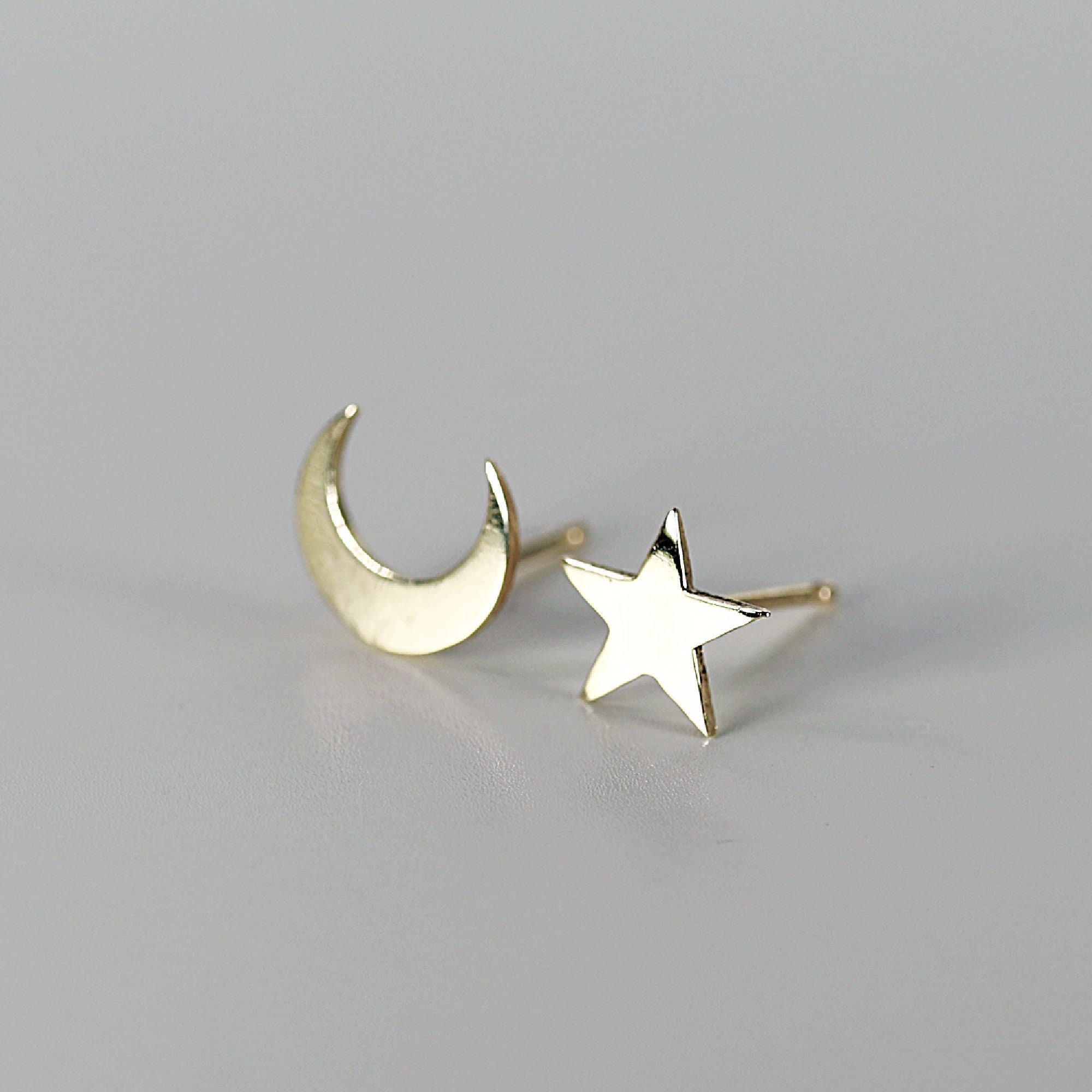 Moon and Star Earrings 14k Solid Gold Moon and Star Stud | Etsy