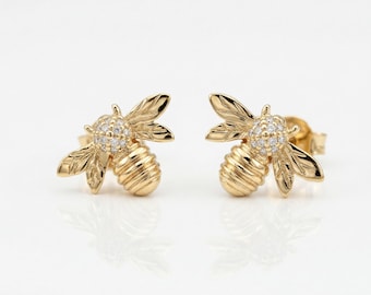 14k Gold Bee Earrings with Diamonds, Bumble Bee Stud Earrings, Minimalist Nature Jewelry, Honey Bee Earrings, Graduation Gift for Daughter