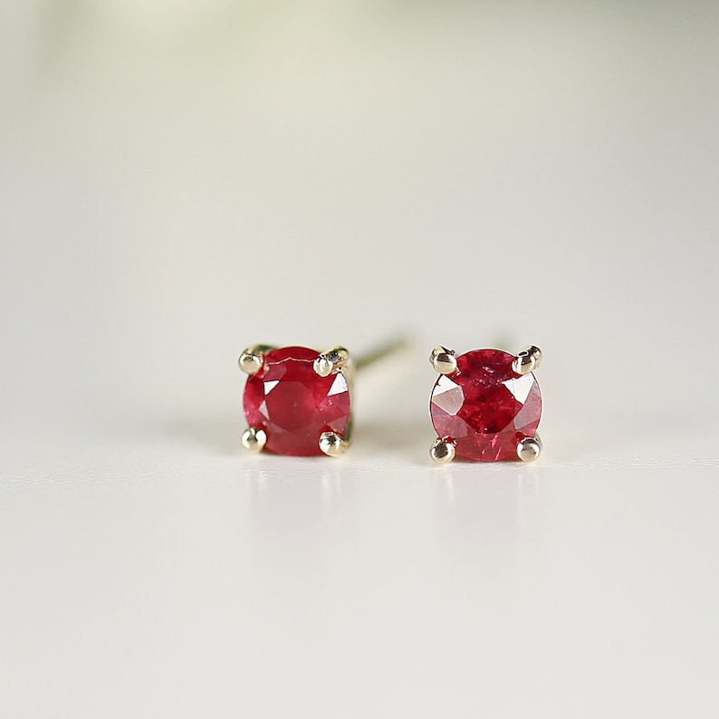 Delicate Ruby Stud Earrings 14k Gold Solid Gold Ruby Stud image 5