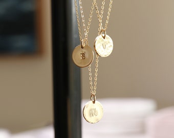 Initial Necklace Gold Filled or Sterling Silver, Personalized Jewelry, Hammered Gold Coin Necklace, Hand Stamped Gold Disc Necklace
