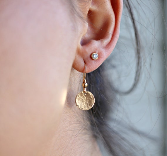 10K Gold Double Hammered Disc Drop Earrings - Me&Ro
