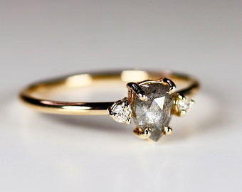 Pear Salt and Pepper Diamond Ring, Black Diamond Ring, Three Stone Engagement Ring, Pear Black Diamond Engagement Ring, Conflict Free
