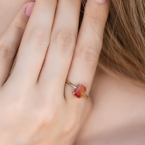 Sunstone Ring 14k Solid Gold, Emerald Cut Sunstone Engagement Ring, Sun Stone Promise Ring, Anniversary Gift for Her, Chakra Gemstone Ring