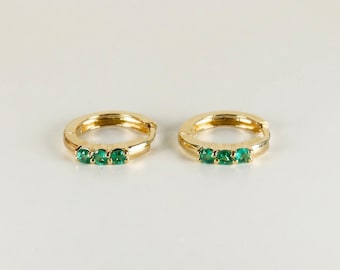 Mother's Day Gift for Mom, Emerald Huggie Hoop Earrings 14k Solid Gold, May Birthstone Earrings, Lab Grown Emerald Trio Cartilage Hoops