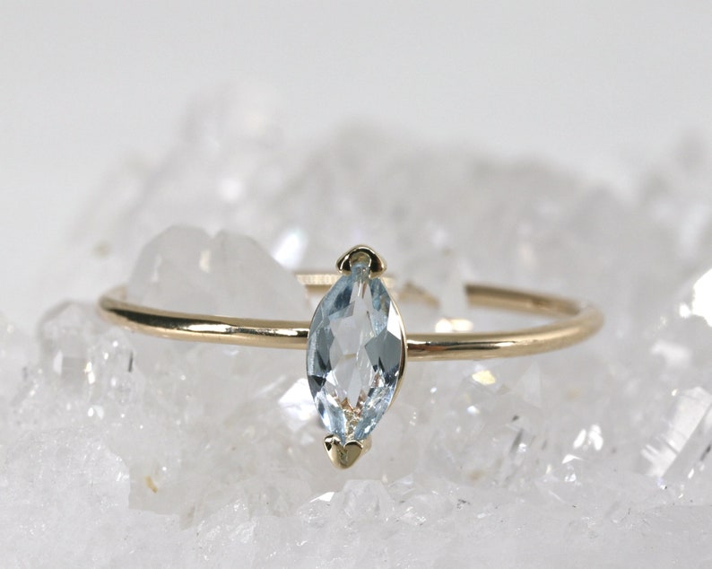 Marquise Aquamarine Ring, 14k Gold, Genuine Aquamarine Engagement Ring, March Birthstone Ring, Handmade Birthstone Jewelry Gift For Her image 1