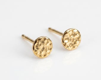 Solid Gold Earrings, 14k Hammered Disc, 6.4mm Single or Pair