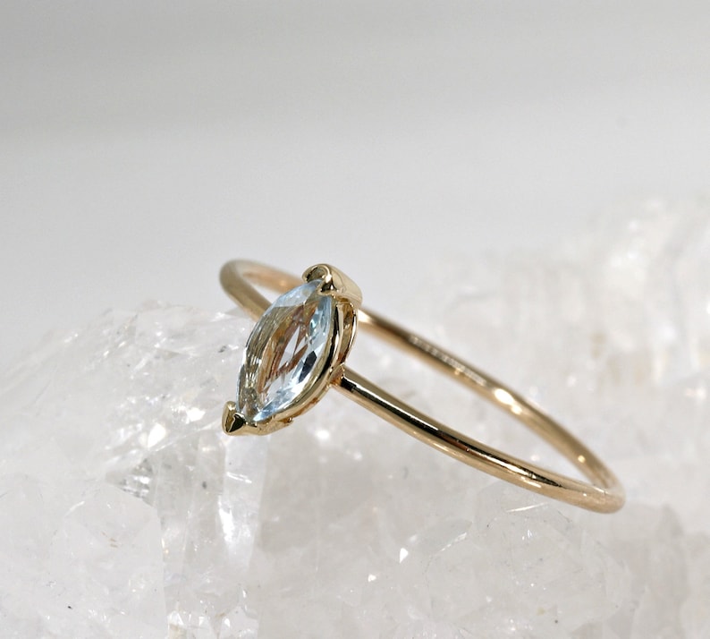 Marquise Aquamarine Ring, 14k Gold, Genuine Aquamarine Engagement Ring, March Birthstone Ring, Handmade Birthstone Jewelry Gift For Her image 3