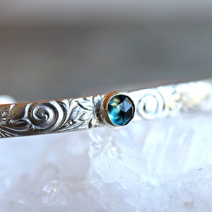 London Blue Topaz Cuff Bracelet, Birthstone Bracelets, Textured Silver Cuff Bracelet, Floral Sterling Silver Open Cuff, Blue Topaz Bangle