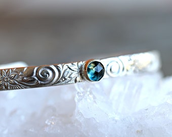 London Blue Topaz Cuff Bracelet, Birthstone Bracelets, Textured Silver Cuff Bracelet, Floral Sterling Silver Open Cuff, Blue Topaz Bangle